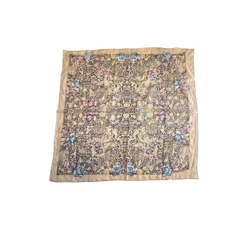 Square Scarf 29.5x30 Tan Floral Lace Rose Print Made in Italy Polyester - Picture 2 of 12